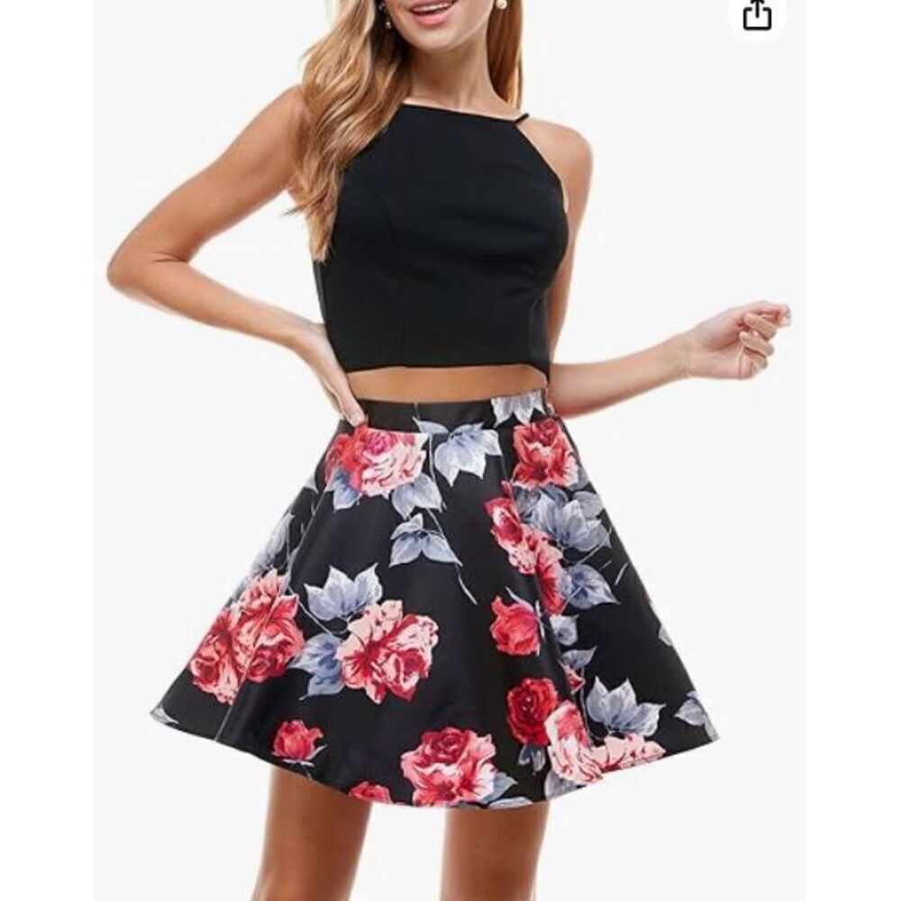 NWT City Studio 2pc Dress‎ Black Strappy Crop Top with Flair Floral Skirt Size 3